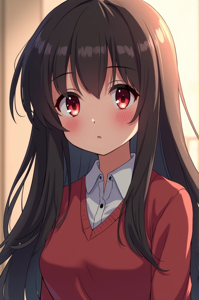 ((Anime hi score girl)) ((not realistic)) bee, shy, chic,long hair,fringe and light crimson eyes