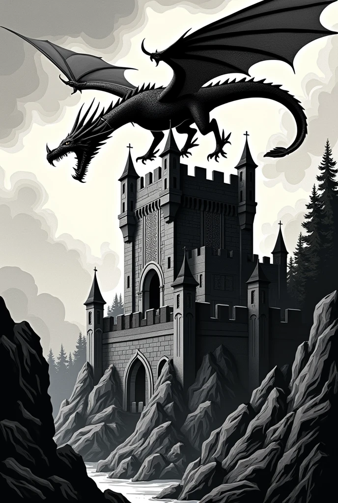 create an image of a woodcut castle with a dragon flying over it