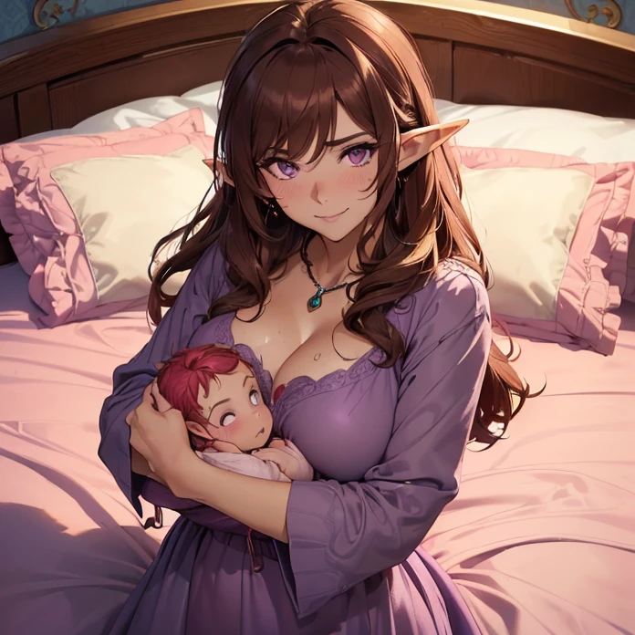 (absurdres, Masterpiece, best high quality image, carefuly detailed features and textures, very detailed image, no deformity, good anatomy, full character view and design): {{(900 years old brown-haired elf noble mature beautiful milf princess:,(dark-brown short-messy-spiky-hair with ahoge, fair skin, purple eyes, brown eyebrows, absolute feminine elder beauty, beautiful and sexy features, huge breasts, tall voluptuous body, beautiful arms, beautiful legs, short pointy ears, beautiful hips),(smiling happy, sweating,),(she wears: purple pijama dress, grey armsleeves, red jewell necklace),(she is at the bed after giving birth, she is proud and happy, holding and hugging her newborn  red-haired elf son, enjoying the moment, giving all her love to her newborn male), (couple double bed, couple bedroon, with pink bed-sheets, wooden couple bed, blue walls, marble furniture)}}