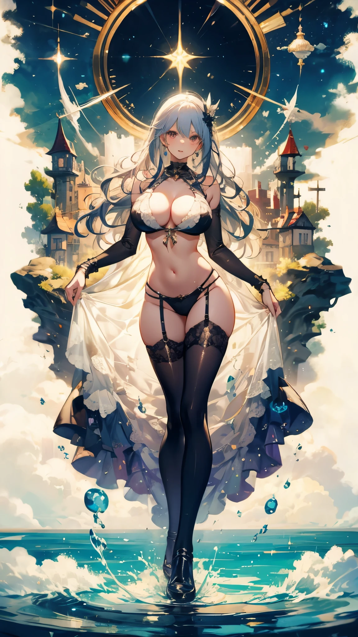 ((masterpiece, best quality)), Delicate face,goddess,Angel,Castle in the Sky,Full body painting,White,Perfect body proportions,Long wavy hair,漂亮的乳White眼睛,Milk,Water Ripples,Fantasy style,White背景,transparent,Sexy Lingerie,Lace,feather,White连裤袜