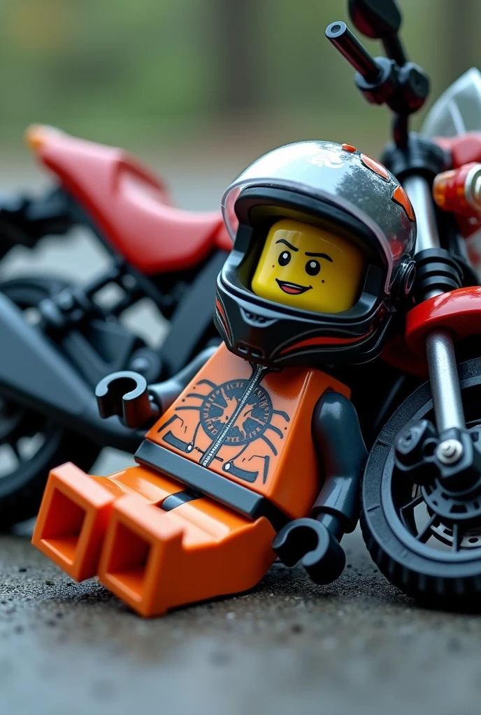 Lego doll with full helmet on a motorcycle on the ground