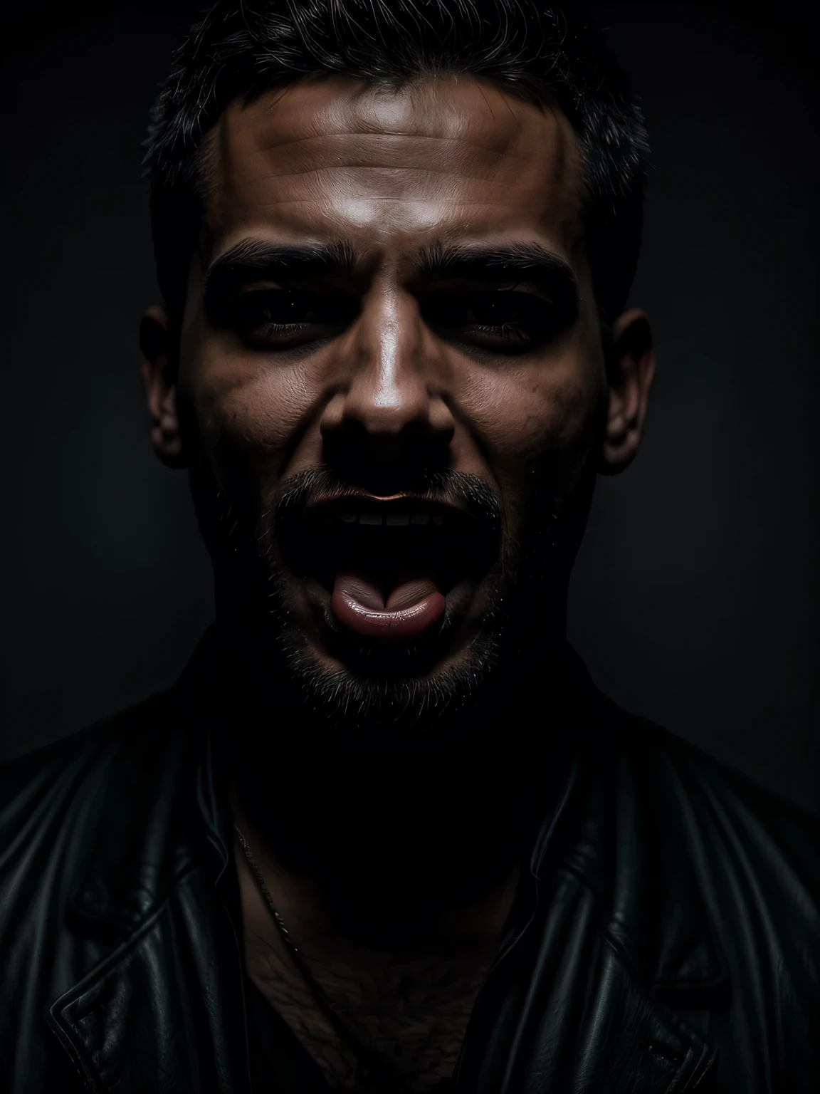 man with open mouth and tongue sticking out looking at the camera from above, dark and sensual image, portrait style