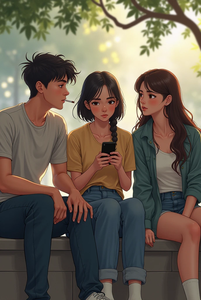 3 same age friends are sitting side by side talking, 1 boy is smoking, 1 girl is scrolling on her phone and 1 girl is sitting in mood off.