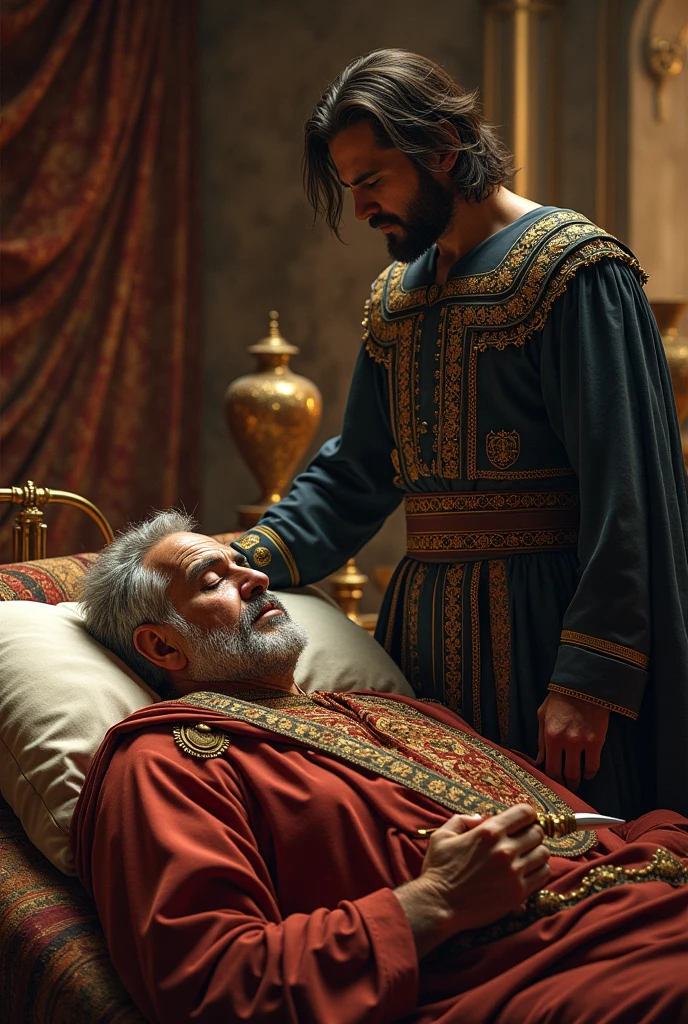 Middle aged Persian king in his luxurious bedroom lying asleep on his bed an officer in Persian uniform without shoulder pads standing next to the bed with a dagger also add carpets gold pieces and vases