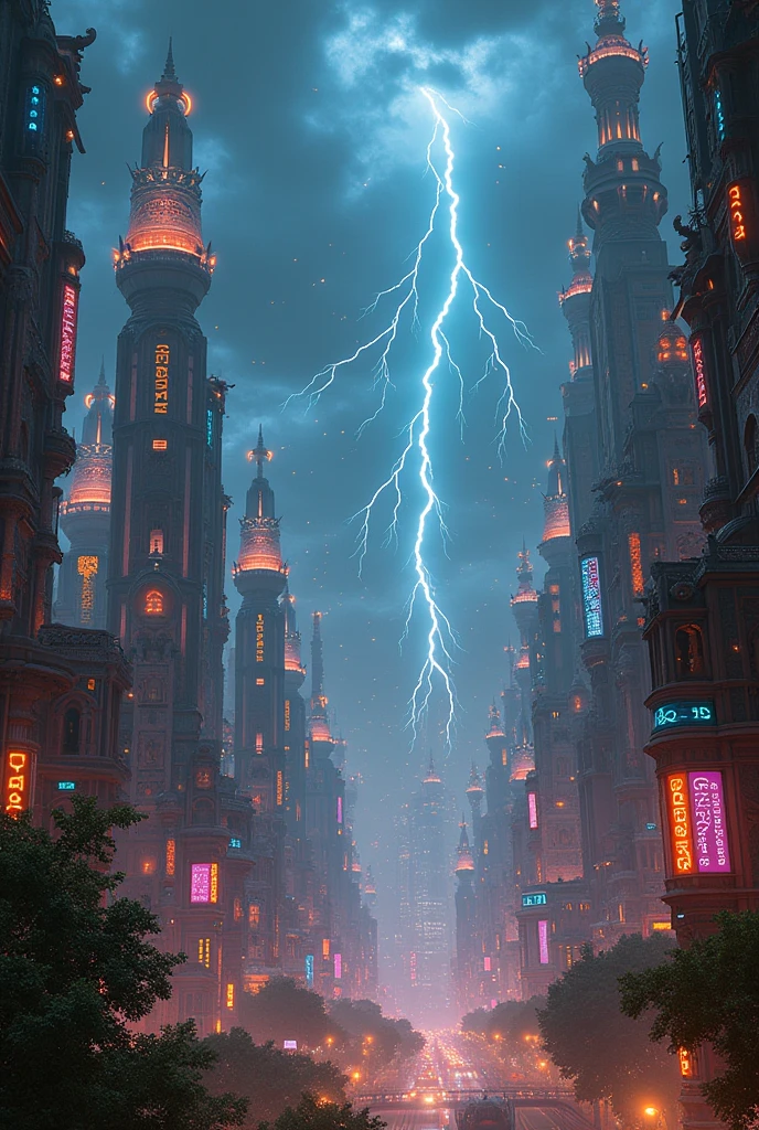 Future mega city in night with lightning and decorative India