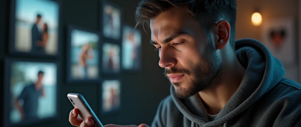 Une personne regardant son téléphone avec une expression perplexe, Background, on peut voir des photos de couples heureux affichées sur Instagram.