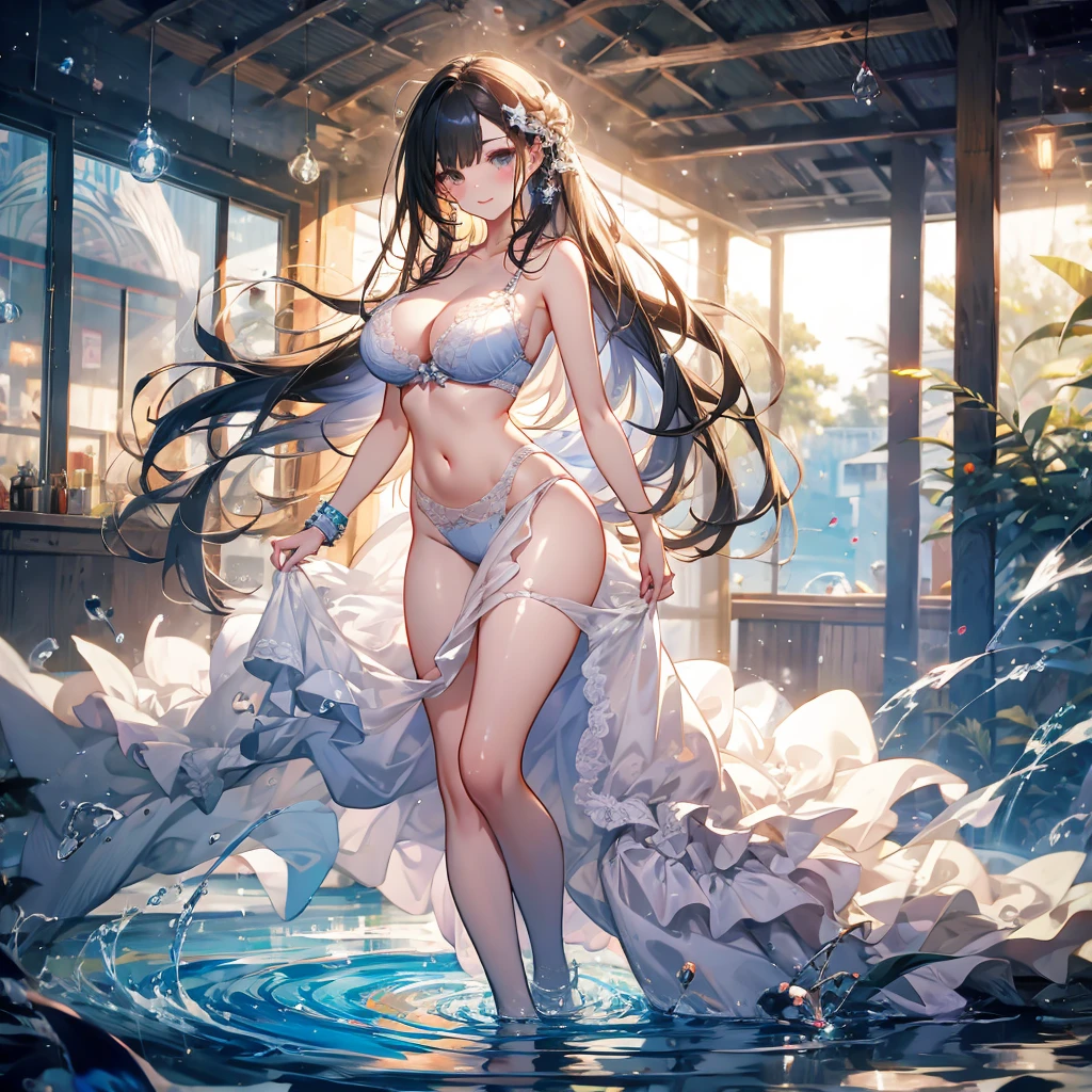 ((masterpiece, best quality)), Delicate face，Angel，Full body painting，White，Perfect body proportions，Long wavy hair，漂亮的乳White眼睛，Milk，Water Ripples，Fantasy style，White背景，transparent，Sexy Lingerie，Lace，feather，White连裤袜