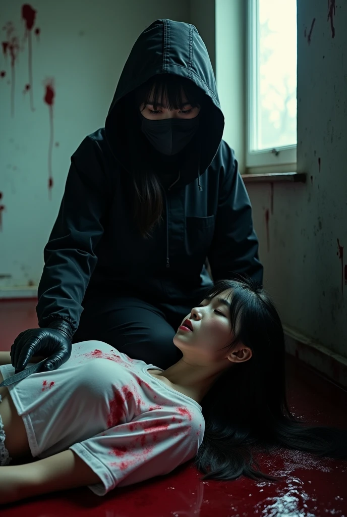 2 korean girls, (behind corpse, holding knife), black surgical mask, stabbing, black gloves, room full of blood, black raincoat, hood up, holding knife, black gloves, woman on top, behind corpse, blood splatter, mass murderer, killer, long bangs, blood splatter, dark atmosphere, cinematic lighting, atmospheric realistic, light from the window,