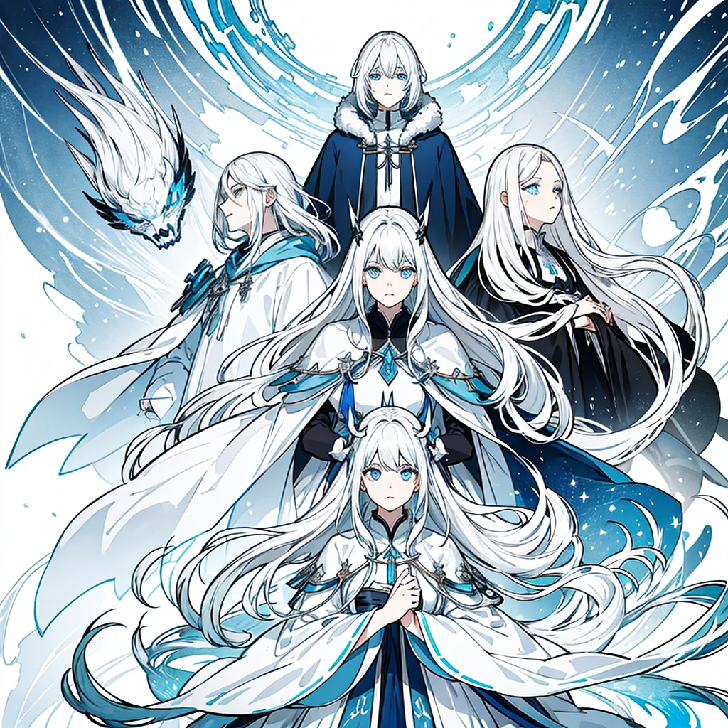 A white-haired woman，blue eyes，wearing wizard robes，The expression is crazy