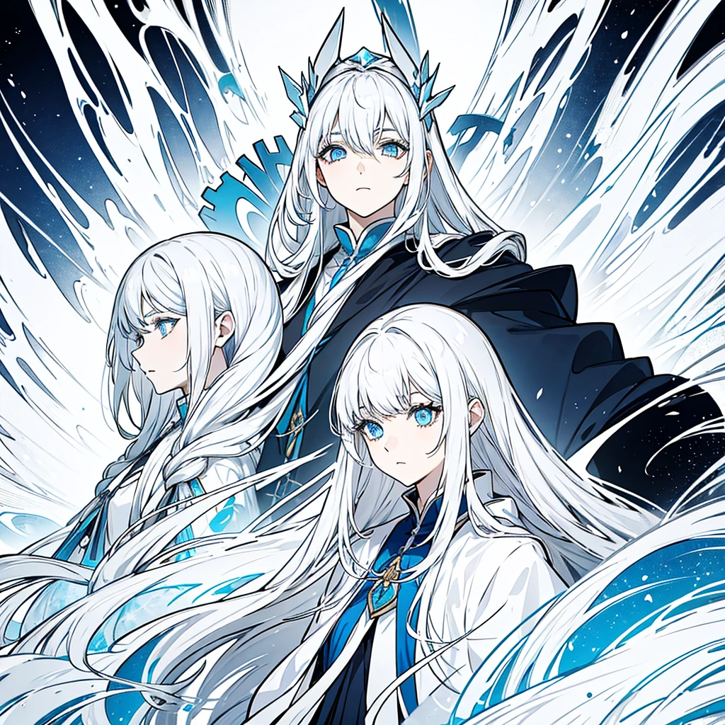 A white-haired woman,blue eyes,wearing wizard robes,The expression is crazy