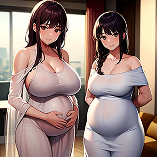 2 women,Mom and mother-in-law,35 years old,人妻 A pregnant woman,pregnant,pregnant,pregnant with twins,10 pregnant,Pretty Face,Sexy body,Long hair,Wearing a white transparent off-shoulder dress,Sexy pajamas