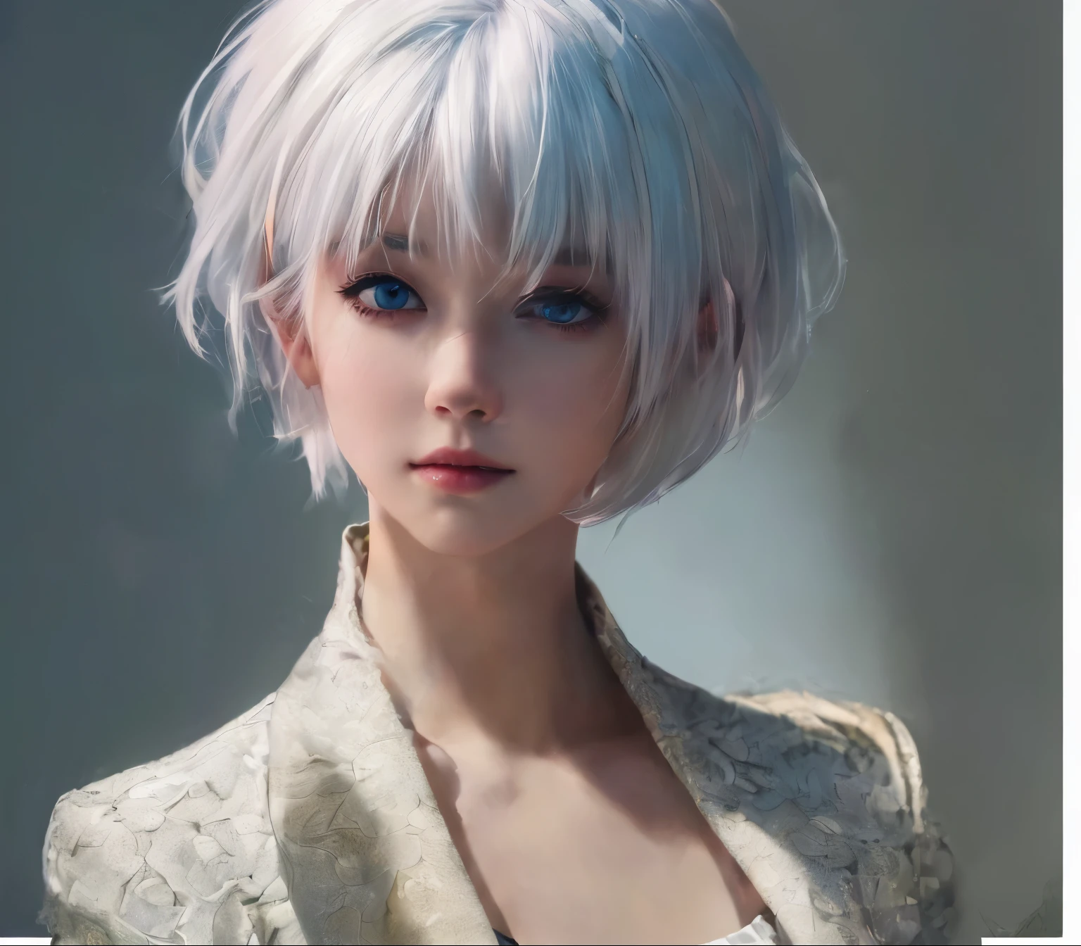 (Masterpiece:1.3), (8 k, vibrant, The original picture, Best quality: 1.4), (1 girl), east face, (real face), (White hair, short hair:1.3), Beautiful hairstyle, Realistic eyes, Beautiful and sensitive eyes, (vibrant皮肤), Beautiful skin, (Jacket), silly, Attractive, Very high accuracy, Surrealism, Very detailed, Golden Ratio