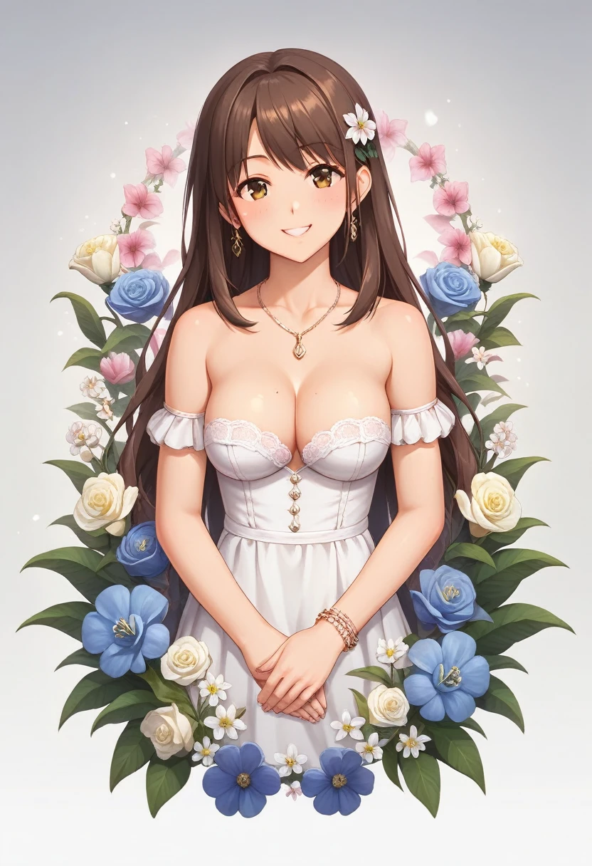 (masterpiece),(Highest quality),(Very detailed),(Best illustrations),(Best Shadow),(Absurd),(Detailed Background),(so beautiful),uzuki shimamura,  Spread your legs，Functional,One person, jewelry, Long Hair, Brown Hair, White underwear, alone, microphone, Braiding, smile, flower，