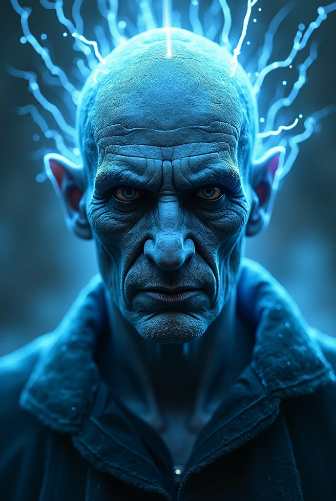 A symmetric portrait of a male, evil frozen necromancer, features dissolving into frozen magic thin, luminescent blue lines. Weighted Voronoi stippling and laser caustics create a network, transitioning from hyperrealistic detail to abstract, quantum-inspired forms. Ethereal hues blend, evoking existential transition and mystery.