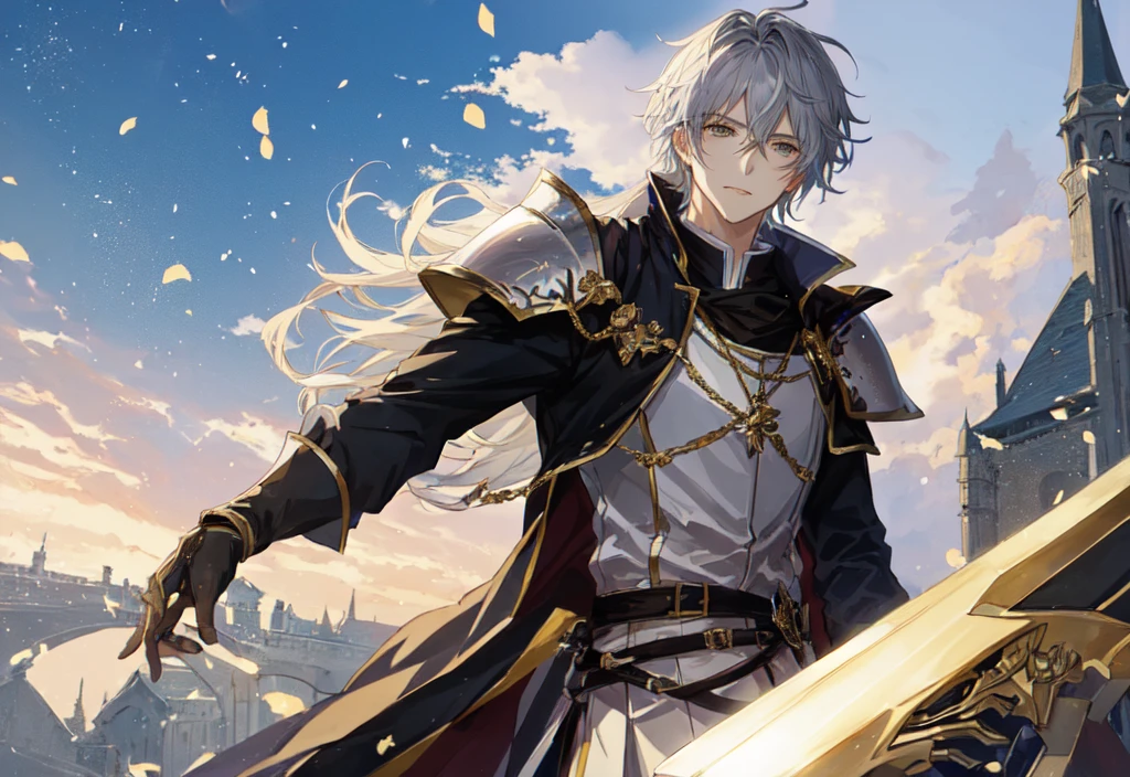 Anime style image of a man dressed in a knight&#39;s suit holding a sword., sacred waters in style of wlop, Portrait of Thancred, sacred waters, cerochan art, I was the point, highly detailed exquisite fanart, cerochan, casimir art, genshin impact keqing, from Shitao, Shadowverse style, son of sparda