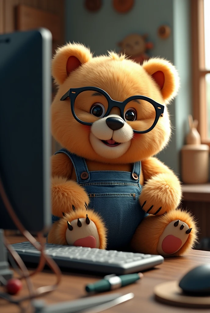 Cute real bear wearing overalls and glasses holding tools and sitting in love with computer