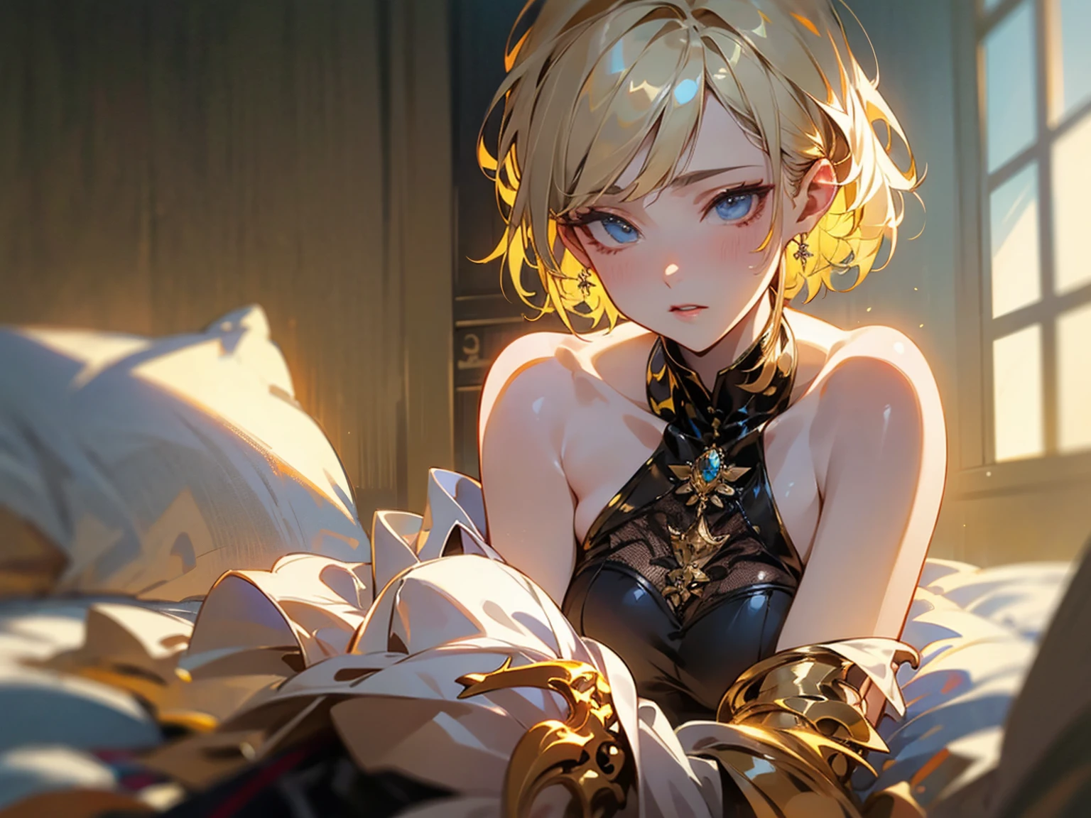 (beautiful detailed eyes, beautiful detailed lips, extremely detailed eyes and face, long eyelashes), 1girl (1.0),solo, sitting on bed (1.0), blonde hair (1.0), short hair (1.0), metal gloves (1.0), black top (0.9), beige skirt (0.9), indoor (1.0), large window (1.0), sunlight (1.0), soft lighting (0.8), melancholic atmosphere (0.8), realistic style (0.9), peaceful (0.8), (8k, RAW photo, best quality, masterpiece:1.2), (realistic, photo-realistic:1.37), professional lighting, photon mapping, radiosity, soft lighting, intricate details, natural environment, lush greenery, warm summer day, serene atmosphere