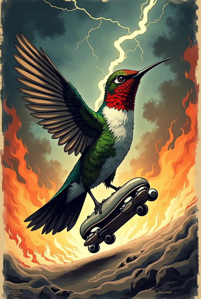 Angry hummingbird with open wings on a roller skate seen from behind with fire and thunder in the background with a woodcut finish