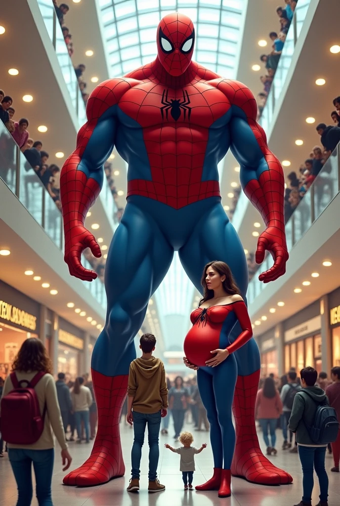 A very big Spider-Man and girlfriend family pregnant big belly is standing in a shopping mall and many people are crowding around him. People are very small compared to spiderman. Everyone is surprised to see that spiderman's body is very big.