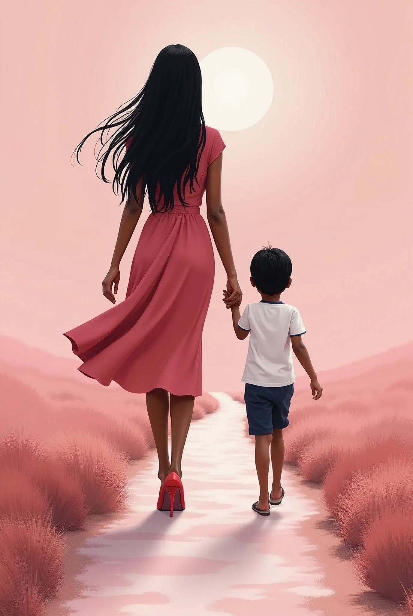 drawing of an elegant model woman in heels, dark-skinned with long, straight black hair, holding the hand of a male child of approximately 9 years old with straight hair, walking towards a beautiful path with a pink background and seeing her back to God