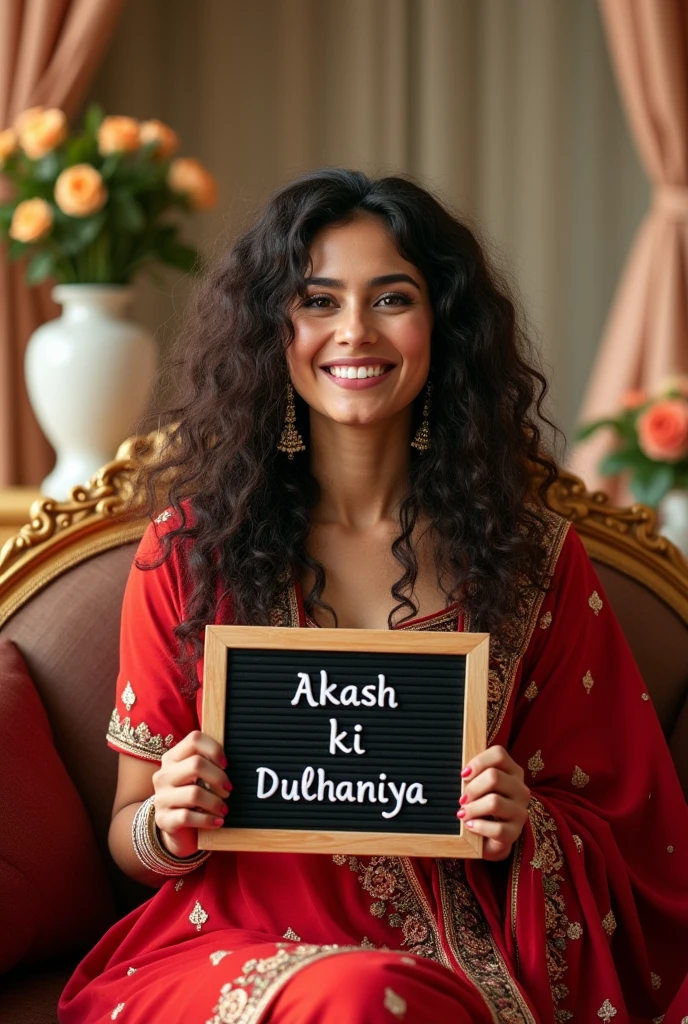 (photorealism:1.2), beautiful healthy bride sitting on bridal sofa, wearing red color lehenga, long curly hair, and hold a small black board on which written "Akash ki Dulhaniya" and showing to public