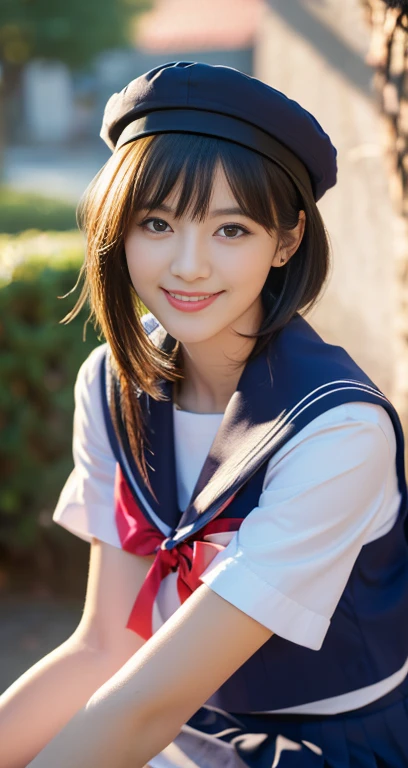 (A youthful gorgeous Japanese idol, wearing a wet Seifuku, Serafuku, school uniform, sailor moon, jk uniform, high-school uniform, pleated mini-skirt, red ribbon, red bowtie, sailor hat, knee-high socks, sitting in cozy bed, legs crossed, night time, 

Easygoing expressions, kind smile, dimpled cheek, cute snaggle-tooth, short bob hair ponytail, symmetrical face, realistic detailed face, beautiful eyes, beautiful detailed eyes, long legs, perfect body proportions, hourglass figure, ample round bosoms, medium breasts,

Raw photo, photorealistic, realistic portrait, hyper-realism, high contrast, ultra HD, realistic skin textures, top image quality, top-quality, super high resolution, fine details, very meticulously, masterpiece, vivid colours, waist focus, medium shot, close-up shot, cowboy shot, High Angle Shot, serene ambience, spot light, bokeh_night_background, SFW, Safe For Work)