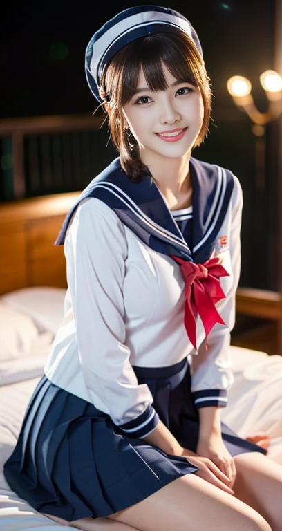 (A youthful gorgeous Japanese idol, wearing a wet Seifuku, Serafuku, school uniform, sailor moon, jk uniform, high-school uniform, pleated mini-skirt, red ribbon, red bowtie, sailor hat, knee-high socks, sitting in cozy bed, legs crossed, night time,
Easygoing expressions, kind smile, dimpled cheek, cute snaggle-tooth, short bob hair ponytail, symmetrical face, realistic detailed face, beautiful eyes, beautiful detailed eyes, long legs, perfect body proportions, hourglass figure, ample round bosoms, medium breasts,
Raw photo, photorealistic, realistic portrait, hyper-realism, high contrast, ultra HD, realistic skin textures, top image quality, top-quality, super high resolution, fine details, very meticulously, masterpiece, vivid colours, waist focus, medium shot, close-up shot, cowboy shot, High Angle Shot, serene ambience, spot light, bokeh_night_background, SFW, Safe For Work)