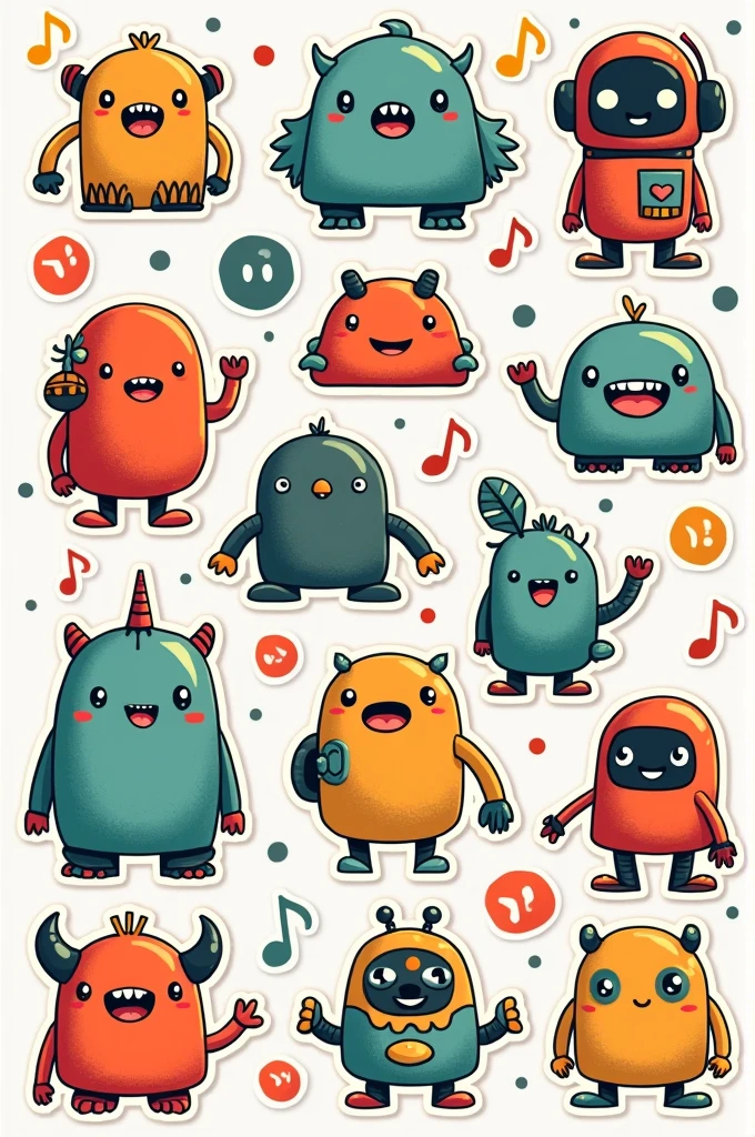 a set of cartoon monsters with different expressions, hand drawn in ink on paper, with a white background, doodle_monsters style