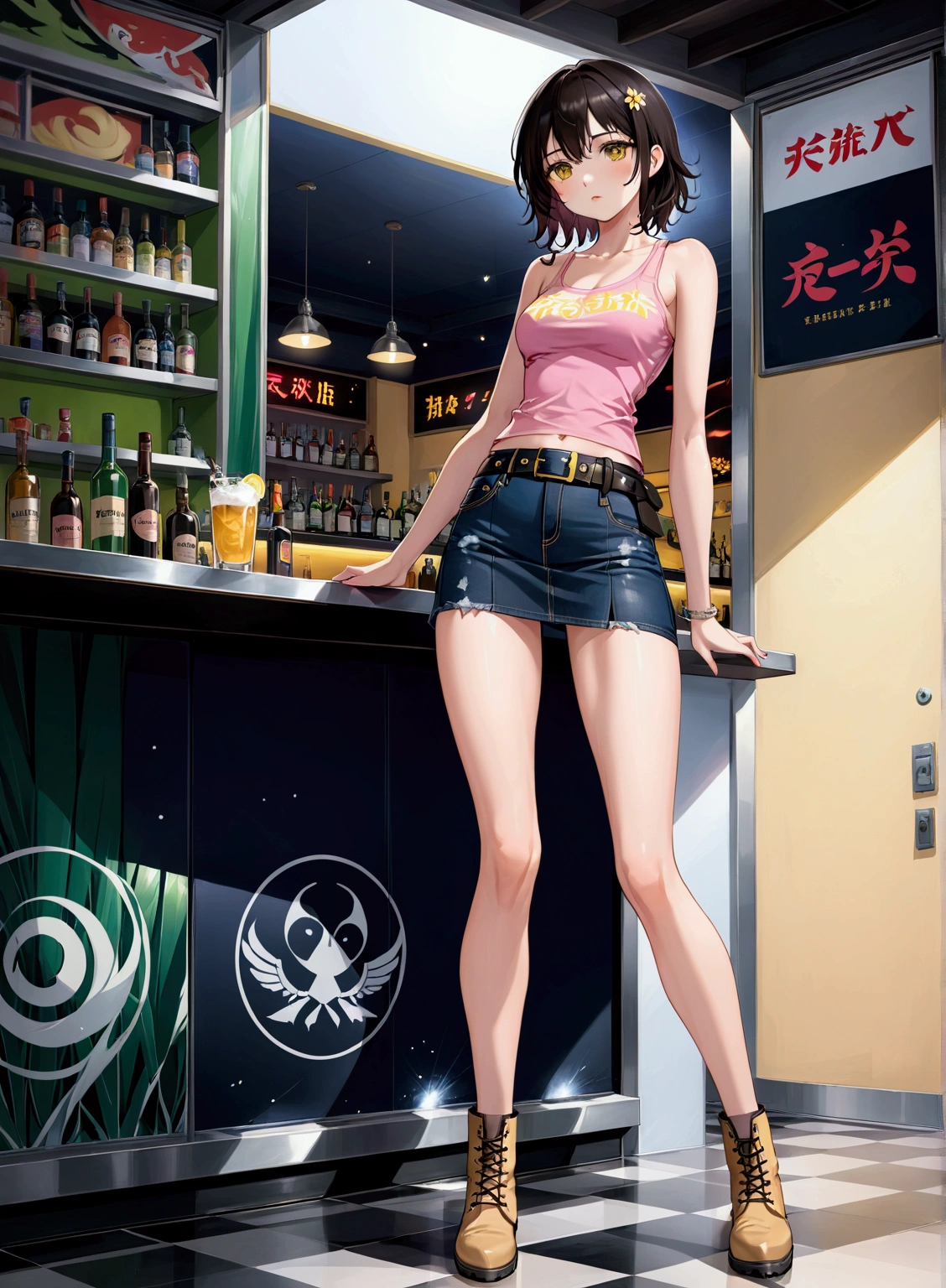 realistic anime illustration of pretty girl  at bar, she has black shoulder length hair, wearing pink and yellow tanktop, dark prussian-blue denim micro skirt with black belt, brown ankle boots, 