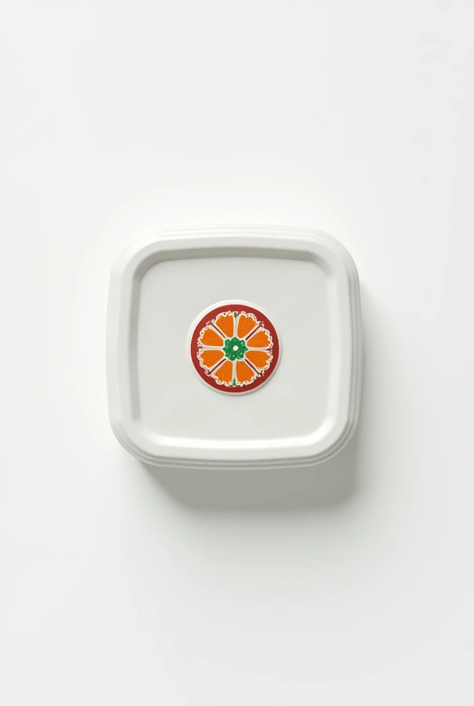 Plastic box with a decorative label attached in a circular shape in colors without relief. White background
