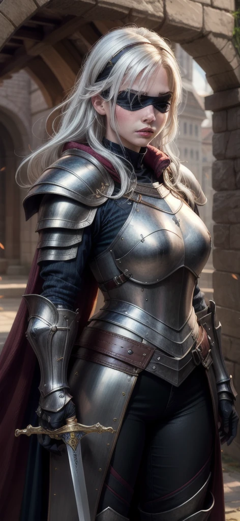 masterpiece, best quality, highres, 1girl, realistic, black blindfold, White hair, armor, heavy armor, large armor, medieval armor, Sword, sword in hand,  plate armor,