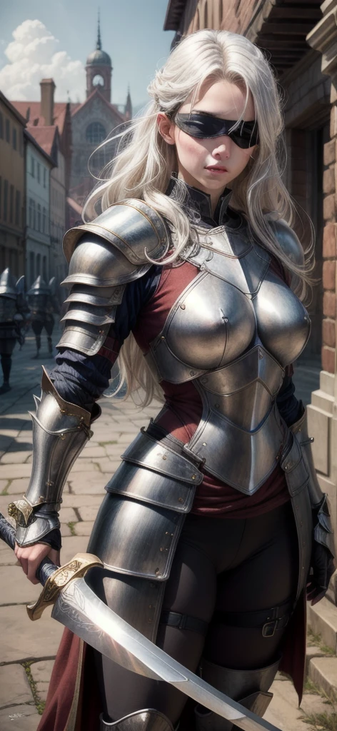 masterpiece, best quality, highres, 1girl, realistic, black blindfold, White hair, armor, heavy armor, large armor, medieval armor, Sword, sword in hand,  plate armor,