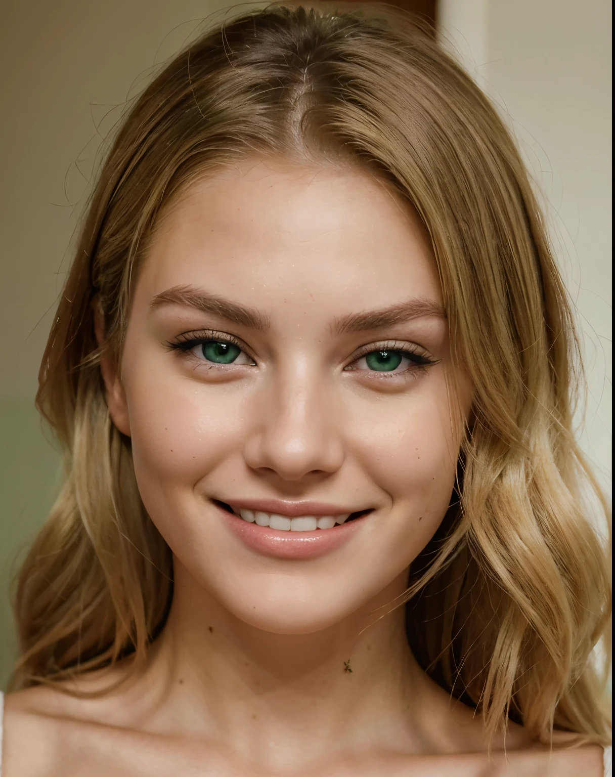 22 year old very attractive and beautiful blonde woman model, smiling with dimples on cheeks, prominent green eyes, very high quality image, high detail face close up photo