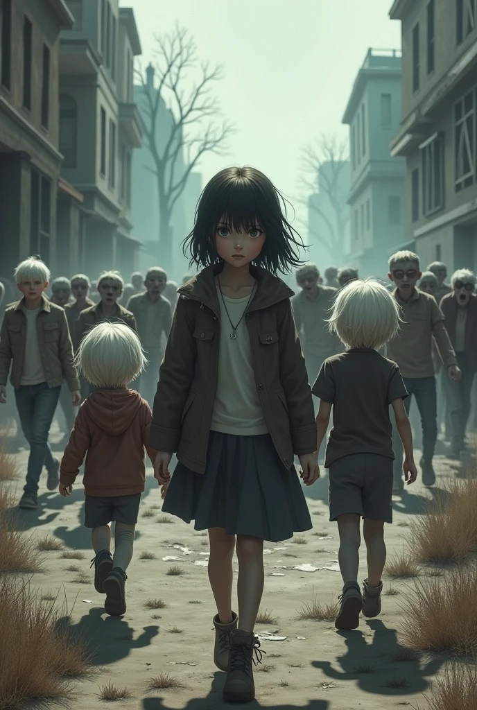 A cover of" 3 girls" and three boys, the girls go ahead and "the boys behind", that they are surrounded by zombies, a desolate environment, boys who have white hair 