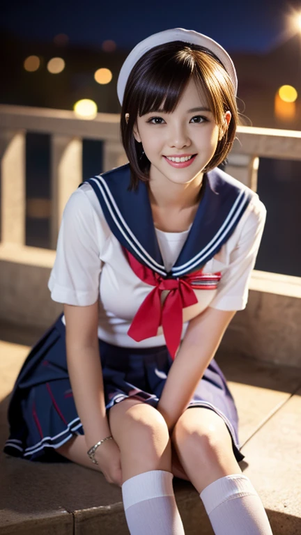 (A youthful gorgeous Japanese idol, wearing a wet Seifuku, Serafuku, school uniform, sailor moon, jk uniform, high-school uniform, pleated mini-skirt, red ribbon, red bowtie, sailor hat, knee-high socks, sitting in cozy bed, legs crossed, night time, 

Easygoing expressions, kind smile, dimpled cheek, cute snaggle-tooth, short bob hair ponytail, symmetrical face, realistic detailed face, beautiful eyes, beautiful detailed eyes, long legs, perfect body proportions, hourglass figure, ample round bosoms, medium breasts,

Raw photo, photorealistic, realistic portrait, hyper-realism, high contrast, ultra HD, realistic skin textures, top image quality, top-quality, super high resolution, fine details, very meticulously, masterpiece, vivid colours, waist focus, medium shot, close-up shot, cowboy shot, High Angle Shot, serene ambience, spot light, bokeh_night_background, SFW, Safe For Work)