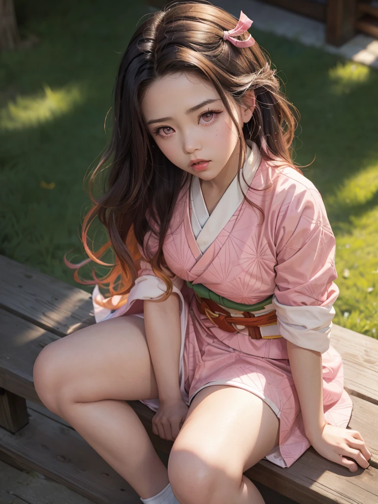 Masterpiece, Best Quality, High Resolution, Venus1, 1Girl, Solo, Tsuko Kamato, Bamboo, Gag, Hair (brown), Plaid Belt, Gag, Gag, Gradient Hair, Hair Ribbon, Haori, Japanese Clothing, Very Short Kimono, Long Hair, Looking at the Audience, Multicolored Hair, Pink Eyes, Very Short Pink Kimono, Pink Ribbon, Ribbon, Solo, (((Masterpiece)), Forehead, Sitting, (spread legs, arms behind), Cute puffing cheeks, Angry, Eyes wide, from above