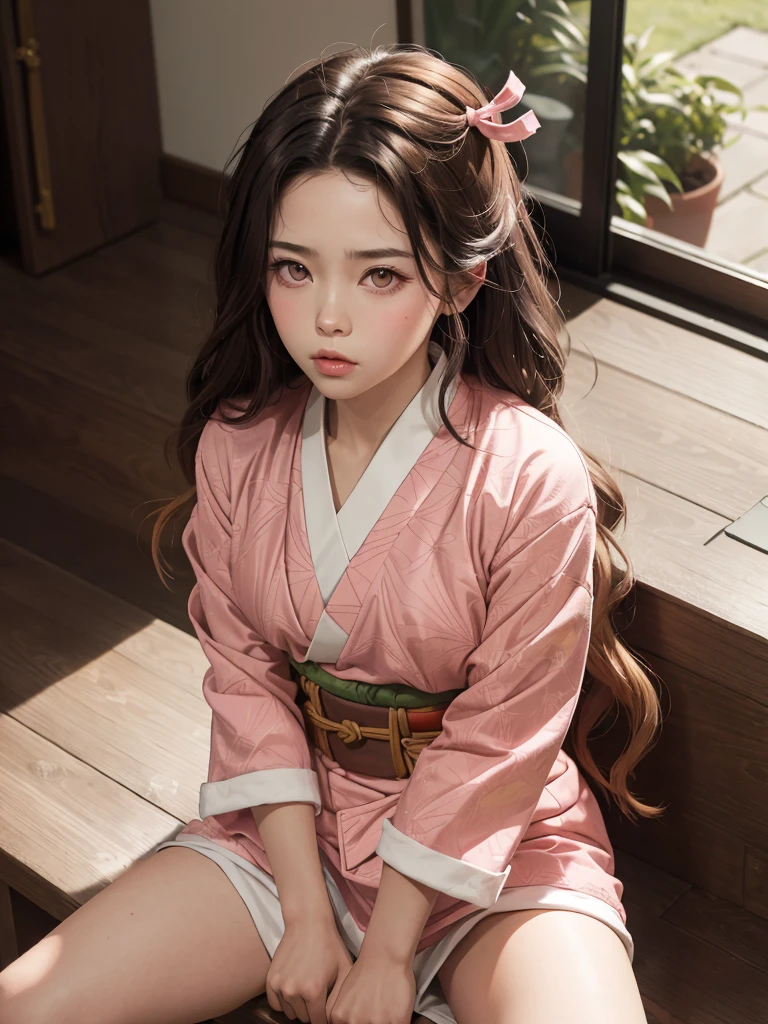Masterpiece, Best Quality, High Resolution, Venus1, 1Girl, Solo, Tsuko Kamato, Bamboo, Gag, Hair (brown), Plaid Belt, Gag, Gag, Gradient Hair, Hair Ribbon, Haori, Japanese Clothing, Very Short Kimono, Long Hair, Looking at the Audience, Multicolored Hair, Pink Eyes, Very Short Pink Kimono, Pink Ribbon, Ribbon, Solo, (((Masterpiece)), Forehead, Sitting, (spread legs, arms behind), Cute puffing cheeks, Angry, Eyes wide, from above