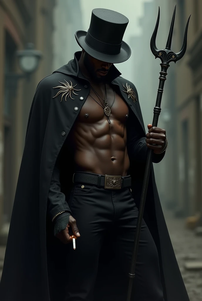 serious man, with very dark skin, shirtless, wearing black social pants and a top hat almost hiding his face, wearing a black cape, holding a trident and a cigarette in the other hand. mysterious, brave.