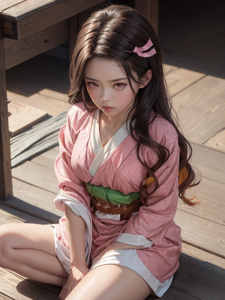 Masterpiece, Best Quality, High Resolution, Venus1, 1Girl, Solo, Tsuko Kamato, Bamboo, Gag, Hair (brown), Plaid Belt, Gag, Gag, Gradient Hair, Hair Ribbon, Haori, Japanese Clothing, Very Short Kimono, Long Hair, Looking at the Audience, Multicolored Hair, Pink Eyes, Very Short Pink Kimono, Pink Ribbon, Ribbon, Solo, (((Masterpiece)), Forehead, Sitting, (spread legs, arms behind), Cute puffing cheeks, Angry, Eyes wide, from above
