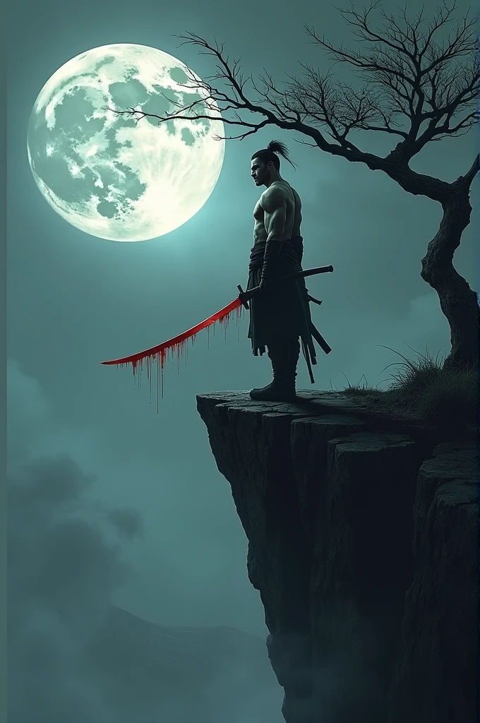 Make me a picture of a samurai without a samurai uniform with a sword covered in blood standing on the edge of a cliff under a tree and under the light of a full moon. With a dark, gripping feel.