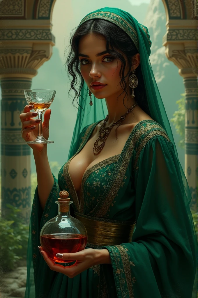 a Moorish woman( from Morocco) with dressed like the ancient dress with green colors, with a glass in one hand and in the other hand a bottle of poison 
