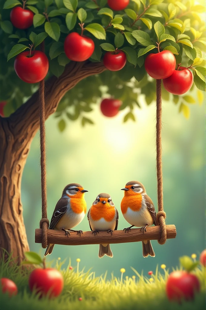 Birds sitting on swing and tree and there are apple on the tree 
