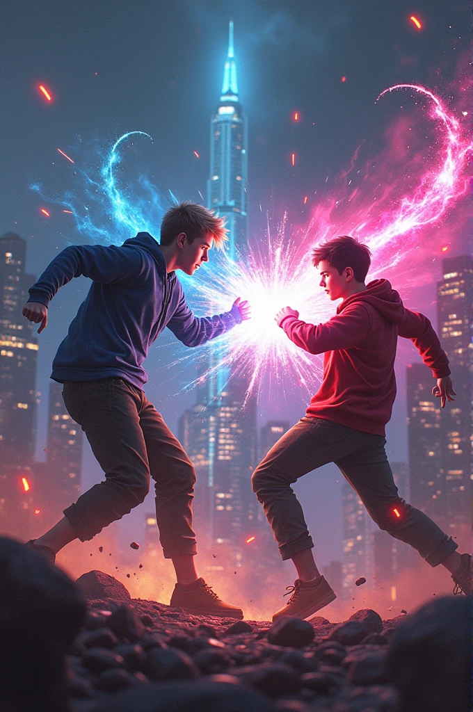 "A dramatic, high-stakes battle between two teenage brothers in a futuristic environment. Energy blasts or supernatural powers collide between them, illuminating the dark surroundings. The neon-lit city skyline is visible in the background, highlighting the epic scale of their confrontation. The atmosphere is intense, with sparks and debris flying as they clash."
