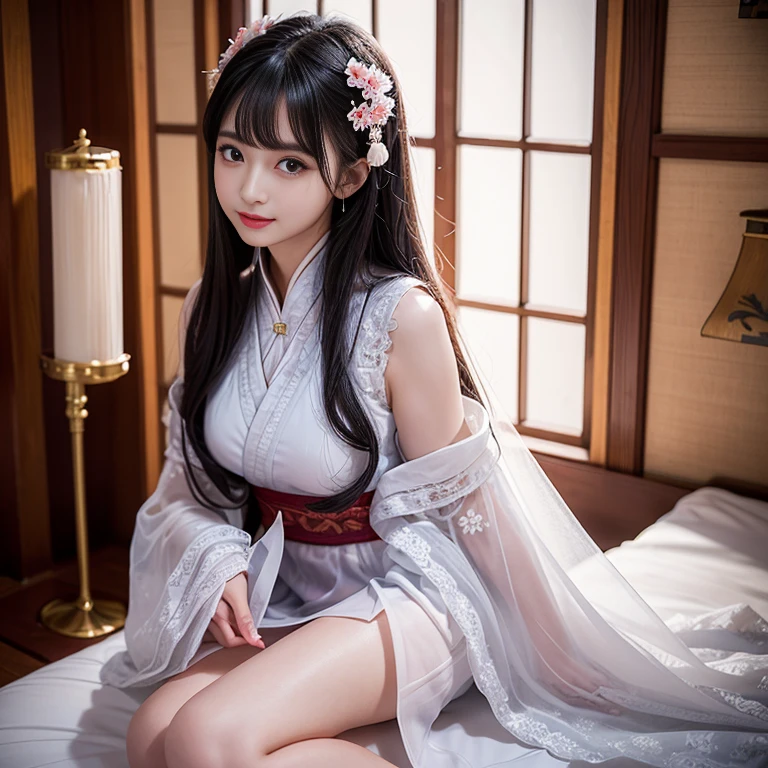 best quality, Delicate face，beautiful visual work, lifelike, eternity, black hair, Long curly hair, blunt bangs, Smile, Detailed Background, Delicate face，blush，cold，((masterpiece))、(top quality)、8k、high detail、Super detailed，21 years old female，身穿唐制Hanfu、waist skirt, Clothes are light and fluffy，Hanfu, wide sleeves, Transparent sleeves, Tunic, Clothes made of chiffon, masterpiece、born、Scenes resembling fairy tale illustrations、intricate details和複雜的設計、Beautifully、magic、capricious、 Beautifully、Dream aesthetics、「𝓡𝓸𝓶𝓪𝓷𝓽𝓲𝓬、ethereal、charming、fickle、magic」、realism、Visual effects、FXAA、SSAO、Shader、voiceless、ambient lighting、Tone mapping、High resolution、Ultra high quality、Million pixels、(8K resolution:1.10)、8k、8k以下、8K resolution、high detail、intricate details， (high quality:1.2、masterpiece:1.2、:1.21)、(21 years old female:1.21)、(興奮地Smile)、(被dream般的氛圍所包圍、Model diagram，full-body shot，Normal 2 feet，Put your hands behind you，The protrusion of the breast is visible when wearing clothes, Large Breasts, H cup chest, antiquity, Xian Xia, gauze clothes, Soft and fluttering, Fairy, dream, fantasy, light, Elegant, nature, Immortal, romantic, classical, ribbon,Chinese style, in the palace corridor，Sitting，Hands between thighs and skirt，The hem is a tutu skirt, long skirt,