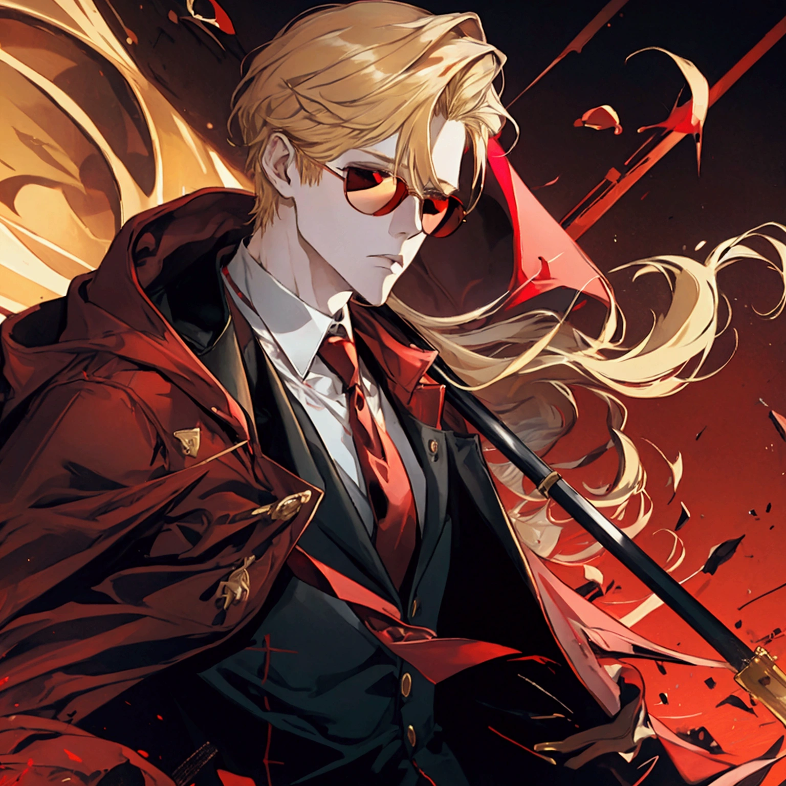 Red sunglasses, red hoodie, tuxedo under hoodie, tie, blonde hair