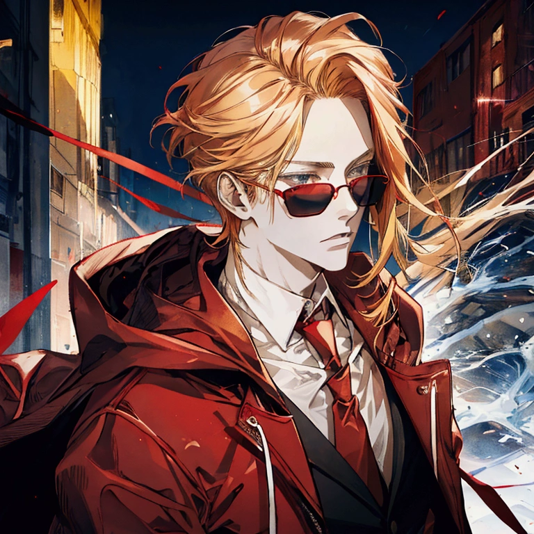 Red sunglasses, red hoodie, tuxedo under hoodie, tie, blonde hair