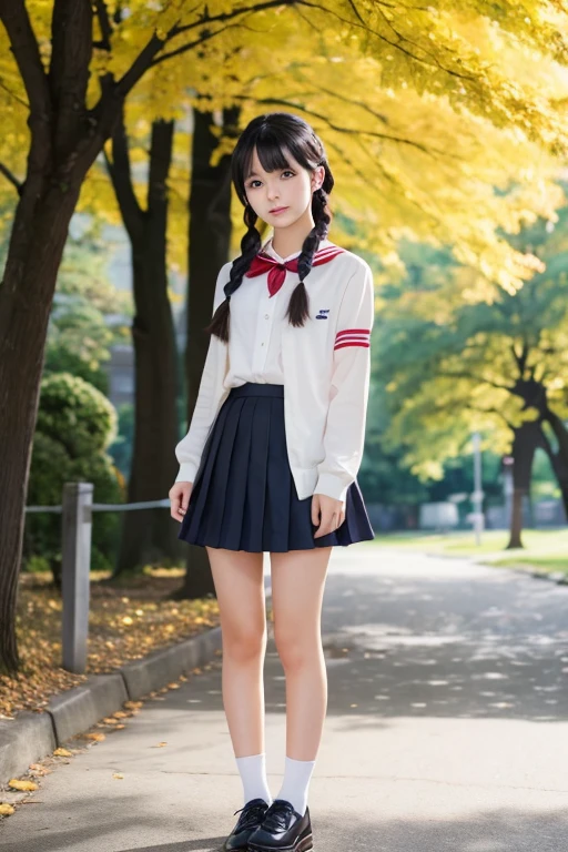 Beautiful girl, Japanese, around 20 years old, Asian, symmetrical face, almond eyes, full body image, feet visible, background is park, reality, high school uniform, mini skirt, silky black hair, hairstyle is a hanging braid, face looking at screen, high resolution, holding smartphone in hand