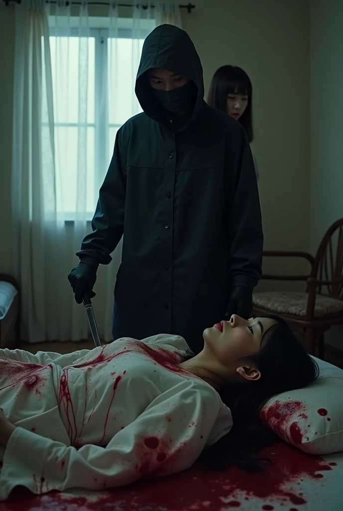 2 korean girls, (behind corpse, holding knife), black surgical mask, stabbing, black gloves, room full of blood, black raincoat, hood up, holding knife, bed room, black gloves, woman on top, behind corpse, blood splatter, mass murderer, killer, long bangs, blood splatter, dark atmosphere, cinematic lighting, atmospheric realistic, light from the window,
