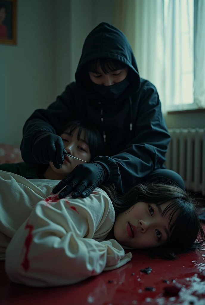 2 korean girls, (behind corpse, holding knife), black surgical mask, stabbing, black gloves, room full of blood, black raincoat, hood up, holding knife, bed room, black gloves, woman on top, behind corpse, blood splatter, mass murderer, killer, long bangs, blood splatter, dark atmosphere, cinematic lighting, atmospheric realistic, light from the window,
