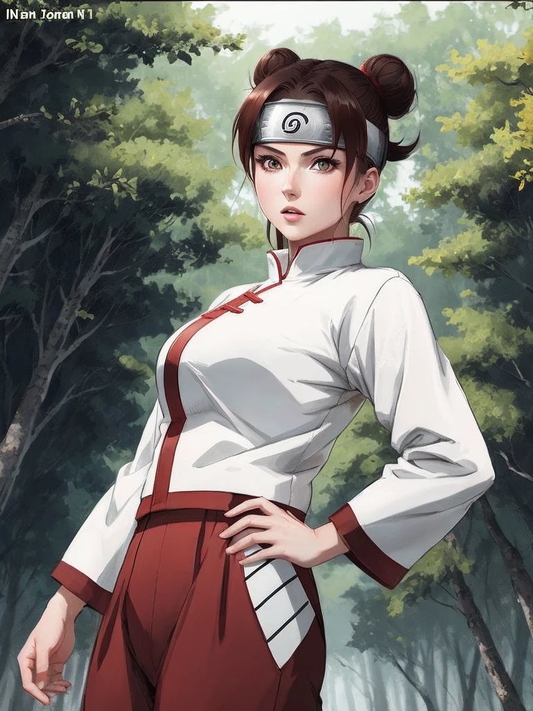 Ten Ten_Naruto, Style and image of Ten Ten Naruto,  A female anime character with brown hair styled in buns, wearing a white and red chinese-style outfit with a metal forehead protector, standing in a forest, confident pose, anime style, sharp lines, vibrant colors, UHD, SDXL, masterpiece, 
